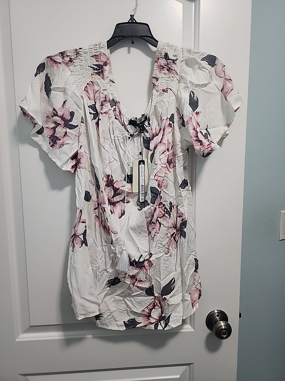 Floral Tie-Front Blouse - White with Pink Floral